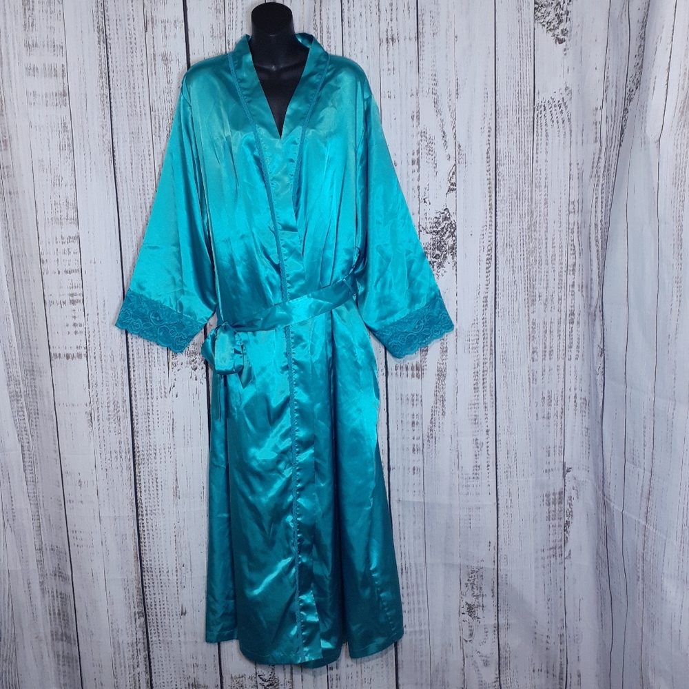 Full length long maxi satin silky teal bathrobe w/ lace trim, sash & pockets